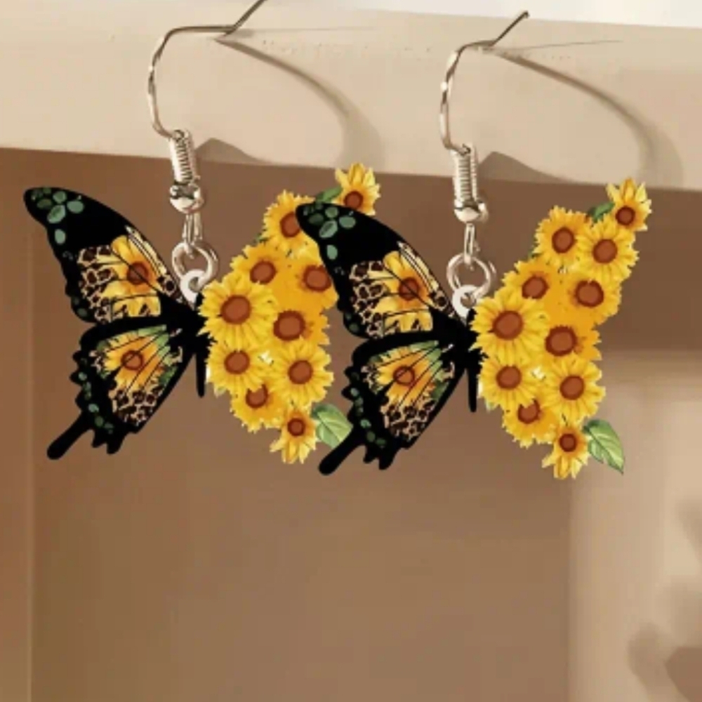 New women's butterfly sunflower 2d acrylic country dangling earrings
